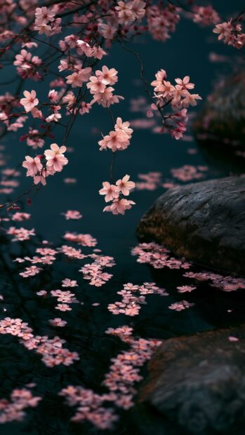 A serene Cherry Blossom Wallpaper showing pink branches over dark water with floating petals and stones
