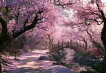 A beautiful Cherry Blossom Wallpaper showing a serene Japanese garden path leading to a wooden bridge over a stream, surrounded by pink cherry trees