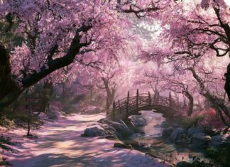 A beautiful Cherry Blossom Wallpaper showing a serene Japanese garden path leading to a wooden bridge over a stream, surrounded by pink cherry trees