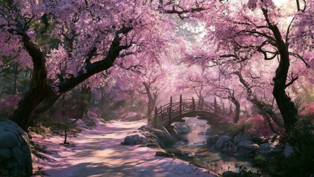 A beautiful Cherry Blossom Wallpaper showing a serene Japanese garden path leading to a wooden bridge over a stream, surrounded by pink cherry trees