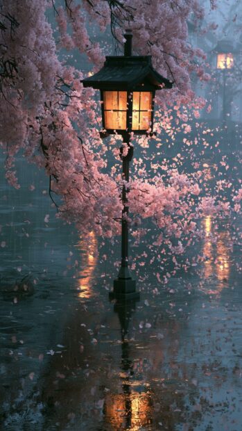 Atmospheric cherry blossom wallpaper featuring a Japanese lantern illuminating falling pink petals over a wet surface at night