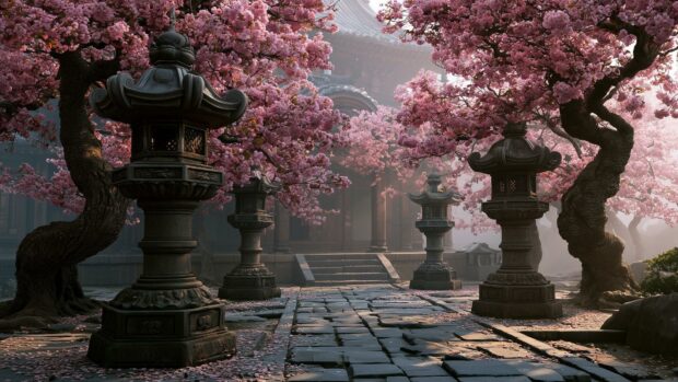 A majestic Cherry Blossom Wallpaper featuring a Japanese temple courtyard with ornate stone lanterns beneath blooming pink cherry trees