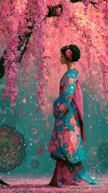 Stunning cherry blossom wallpaper featuring a woman in a blue kimono standing under falling pink petals