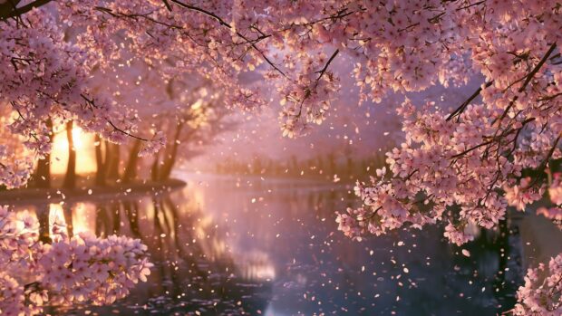 A beautiful Cherry Blossom Wallpaper featuring pink trees surrounding a lake with falling petals and a warm sunset glow