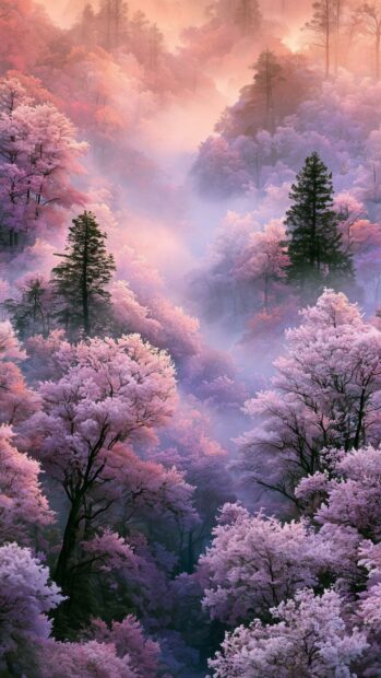 Cherry blossom wallpaper featuring a mystical misty forest with various shades of pink and purple cherry trees