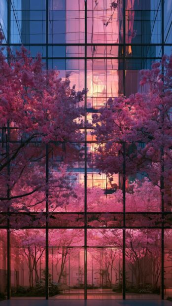 A beautiful Cherry Blossom Wallpaper showing pink trees reflected in a modern glass building at sunset