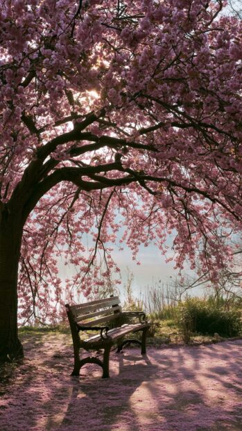 A serene cherry blossom wallpaper showing a park bench under a large tree with pink petals on the ground