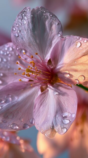 A beautiful close-up cherry blossom wallpaper featuring a pink flower covered in sparkling water droplets