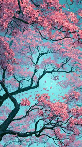 A vibrant Cherry Blossom Wallpaper showcasing pink cherry tree branches and falling petals against a bright turquoise sky