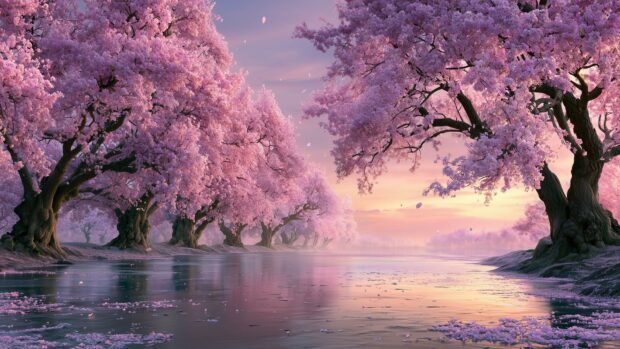 Cherry blossom wallpaper showcasing a serene river reflecting a landscape filled with pink cherry trees