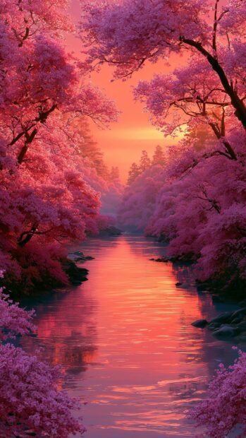 Beautiful cherry blossom wallpaper featuring a river flowing through a pink forest at sunset with reflections