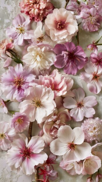 A detailed Cherry Blossom Wallpaper showing various pink and white cherry blossoms scattered closely together
