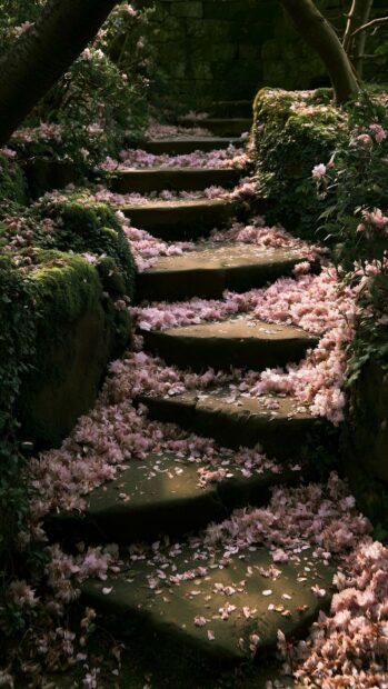 Dark aesthetic cherry blossom wallpaper showing stone steps covered in fallen pink petals