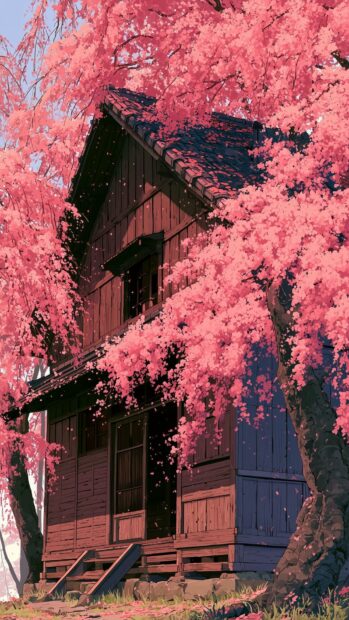 An artistic Cherry Blossom Wallpaper depicting a traditional wooden Japanese house surrounded by dense pink cherry blossoms in an anime style