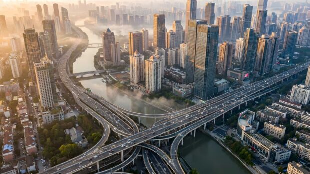 A stunning aerial view city wallpaper featuring a complex highway interchange winding through modern skyscrapers and a river during a hazy morning