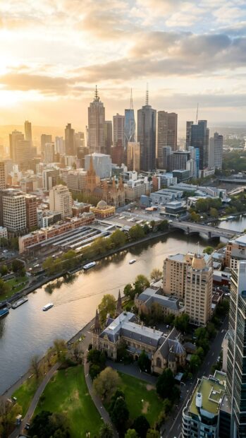 A beautiful city wallpaper from an aerial view, featuring a cityscape with a river during golden hour at sunset