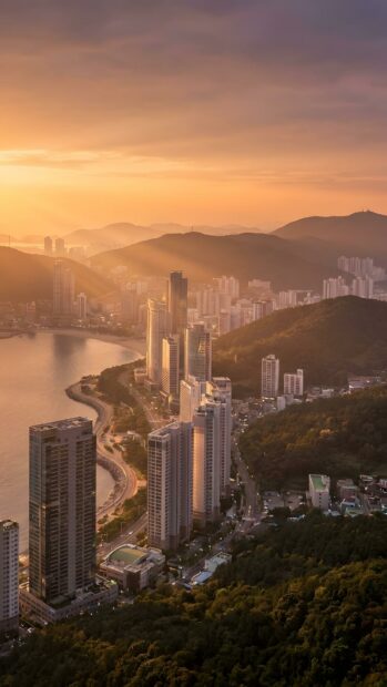 A vibrant City Wallpaper showcasing a coastal cityscape at sunset with modern high-rise buildings, a serene bay, and distant mountains