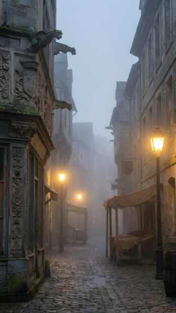 A moody City Wallpaper featuring a foggy old European street with stone buildings, glowing street lamps, and architectural gargoyles