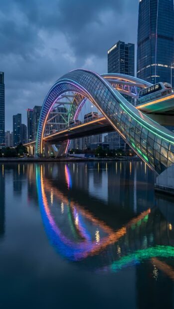 A stunning City Wallpaper featuring a futuristic bridge with vibrant colorful LED lights reflecting on dark water at dusk, surrounded by city buildings