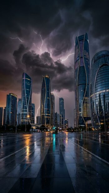 A dramatic city wallpaper featuring futuristic skyscrapers under a dark, stormy sky with lightning bolts