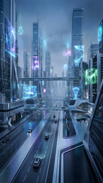 A futuristic City Wallpaper featuring sleek skyscrapers, elevated highways, and glowing holographic displays at dusk