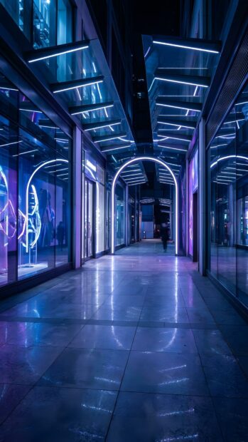 A vibrant city wallpaper showcasing a futuristic neon-lit corridor with blue and purple tones, perfect for mobile devices