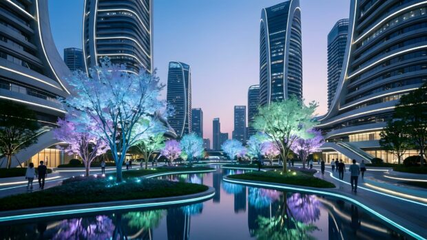 A stunning city wallpaper showcasing a futuristic park with modern skyscrapers, a reflective water body, and trees glowing with colorful lights