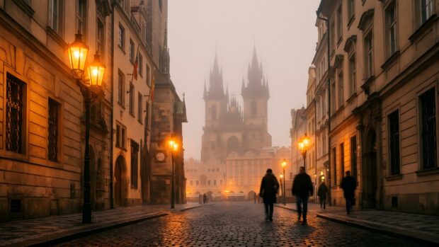 An atmospheric city wallpaper depicting a historic European cobblestone street with glowing gas lamps and a foggy distant church