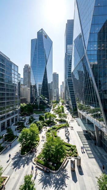 A vibrant City Wallpaper showcasing modern glass skyscrapers surrounding a beautifully landscaped green park with trees and walking paths on a sunny day