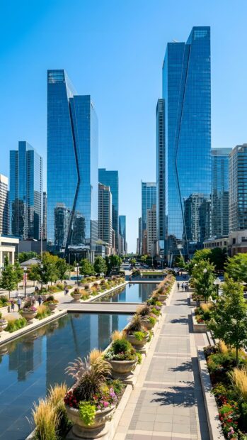 A bright City Wallpaper showing a modern city park with tall glass skyscrapers, a long reflective water feature, and lush green landscaping