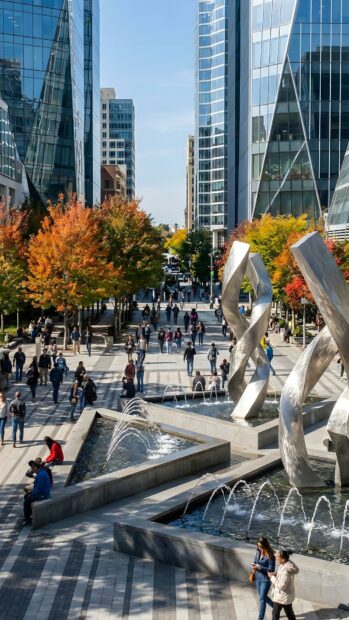 A vibrant city wallpaper showing a modern plaza with unique sculptures, fountains, autumn trees, and people walking