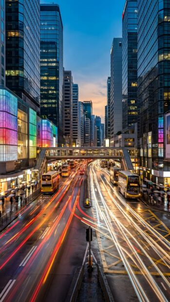 A dynamic city wallpaper capturing a busy night street with impressive light trails from vehicles and towering skyscrapers