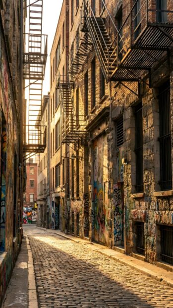An atmospheric city wallpaper depicting an old alleyway with brick buildings, fire escapes, and colorful graffiti