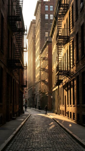 An atmospheric City Wallpaper featuring a narrow old city street with cobblestones and tall brick buildings, bathed in warm afternoon sunlight