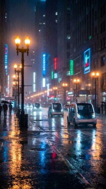 A vibrant City Wallpaper depicting a rainy city street at night with glowing streetlights, colorful neon signs, and reflections on wet pavement