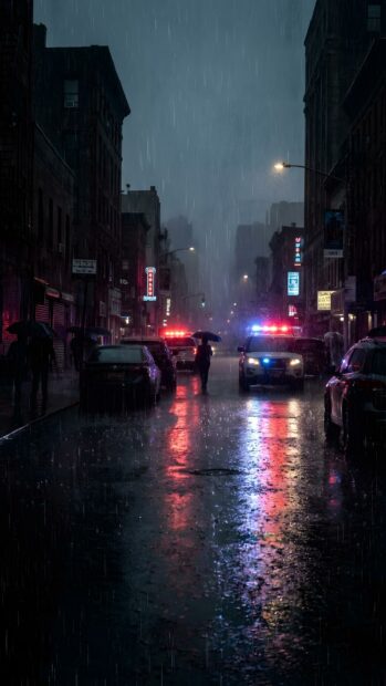 A moody city wallpaper depicting a rainy night street scene with police cars and their vibrant reflections on the wet asphalt