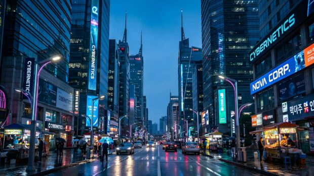 A vibrant city wallpaper showcasing a rainy street at night with glowing neon signs and modern buildings