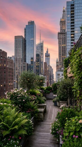 A unique City Wallpaper featuring a lush rooftop garden with diverse plants and flowers overlooking a modern city skyline