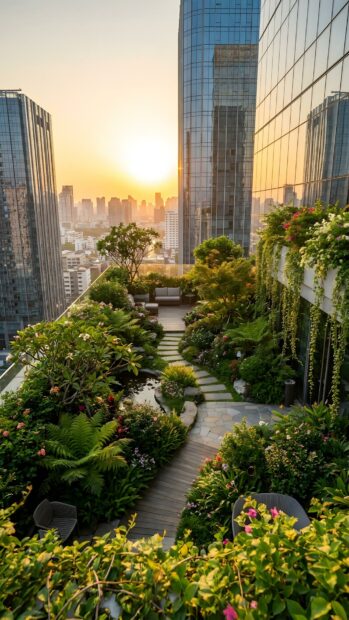 An exquisite city wallpaper featuring a lush rooftop garden with a stunning sunset over the urban skyline