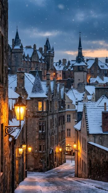 A picturesque City Wallpaper depicting a snowy historic European street with old stone buildings, warm glowing lanterns, and gentle falling snow