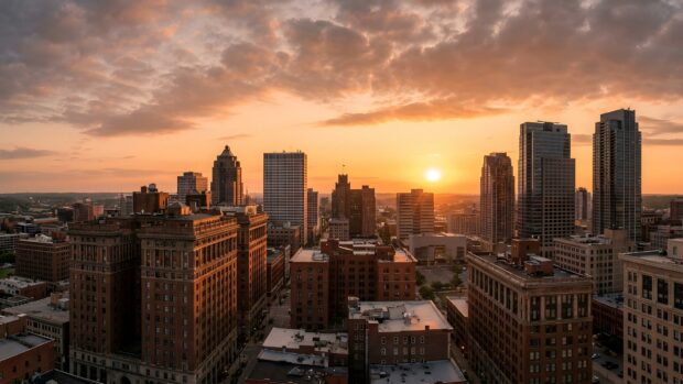 A scenic city wallpaper featuring a beautiful urban skyline at sunset with warm orange clouds and diverse architecture