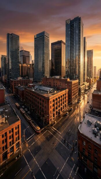 An impressive City Wallpaper showing a city skyline at sunset with modern skyscrapers and classic brick buildings under an orange sky
