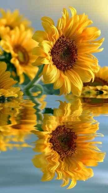 A stunning sunflower wallpaper showing a close-up of a sunflower reflecting beautifully in calm water