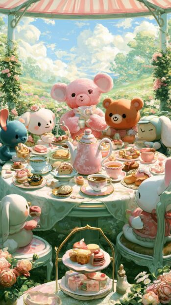 Cute Aesthetic Wallpapers featuring an adorable animal tea party in a whimsical garden setting with pastel colors