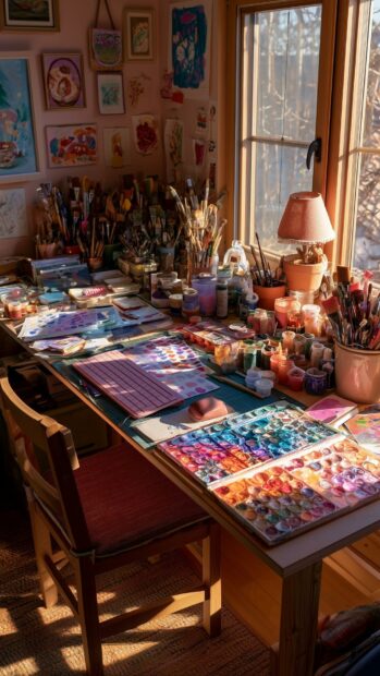 Cute Aesthetic Wallpapers showing a cozy artist's studio desk bathed in sunlight, filled with paintbrushes, palettes, and colorful artworks