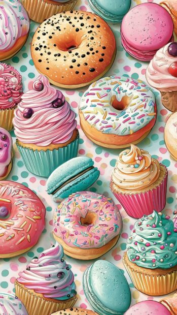 A delightful collection of colorful donuts, cupcakes, and macarons creates a cute aesthetic wallpaper