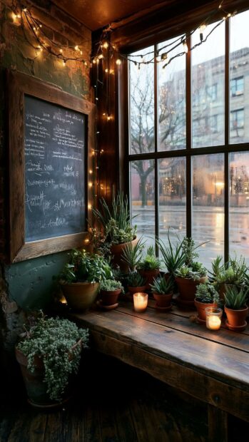 A cozy cafe window with potted plants and string lights creates a charming cute aesthetic wallpaper