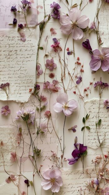 A delicate cute aesthetic wallpaper featuring an arrangement of dried pressed purple flowers and botanical elements on vintage handwritten paper