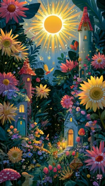 Cute Aesthetic Wallpapers depicting a vibrant fantasy flower village under a bright sun, with tiny houses nestled among giant colorful blossoms