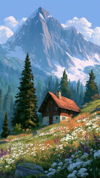 A beautiful cute aesthetic wallpaper featuring a cozy cabin nestled in a vibrant wildflower meadow with majestic snow-capped mountains in the background